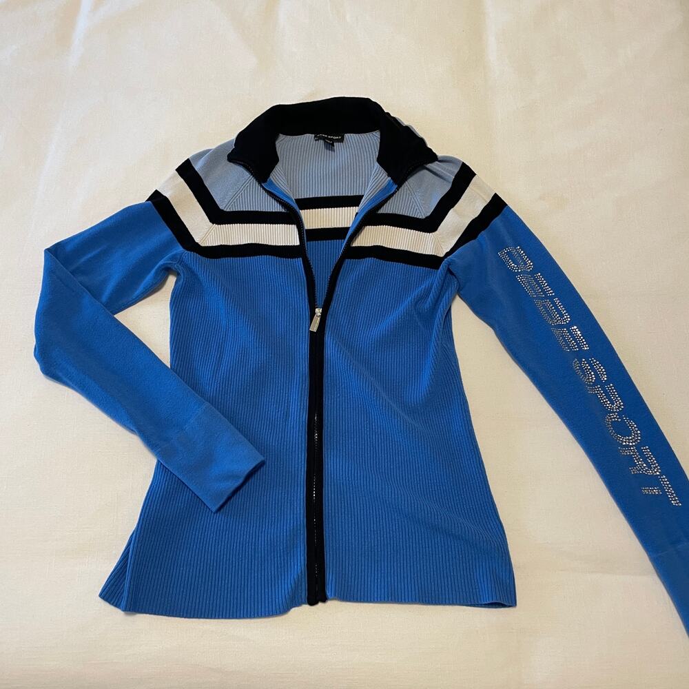 Vintage Y2K Bebe Sport Rhinestone Ribbed Stripe Blue Zip Up Women's Large